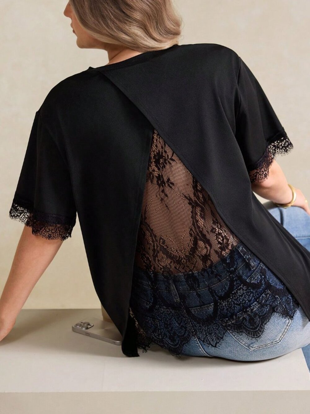 Black Casual Women's Plus Size A-Line Lace detailed blouse top - Picture 5 of 6
